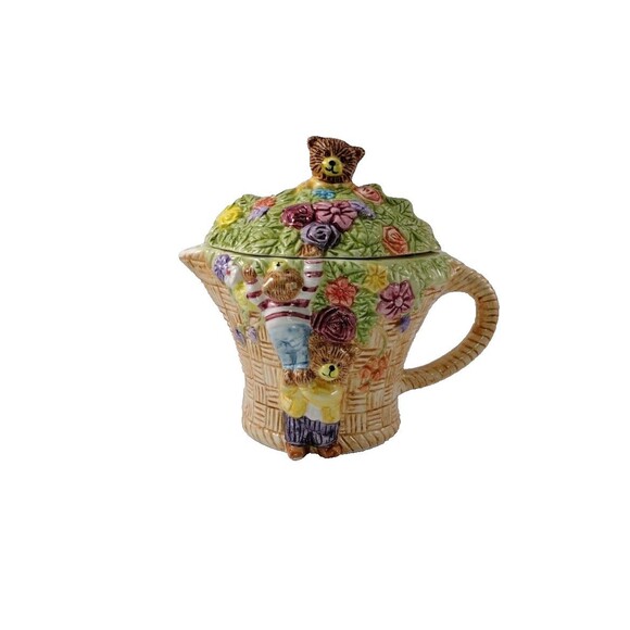 Vintage Teddy Bear Cubs Teapot Floral Basket Roses Ceramic Novelty 7" x 6.5" - Picture 1 of 9
